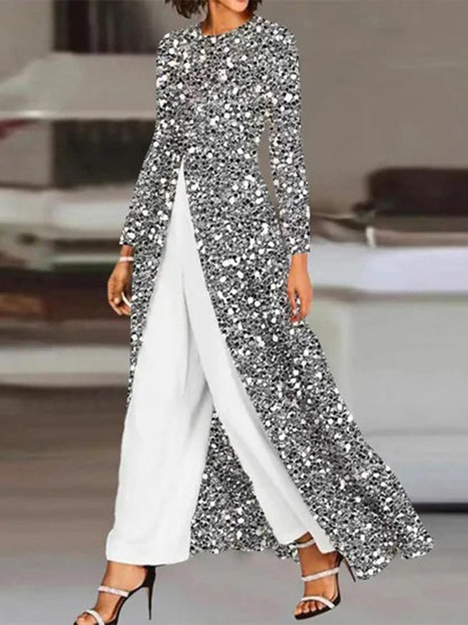 Women Plain Spring/Fall Elegant Natural No Elasticity Loose Long Sleeve Glitter Regular Jumpsuits-image-16133472