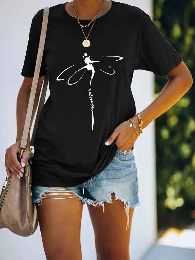 Casual Summer Dragonfly Daily Loose Short Sleeve Crew Neck Regular H-Line T-shirts for Women-image-16228224