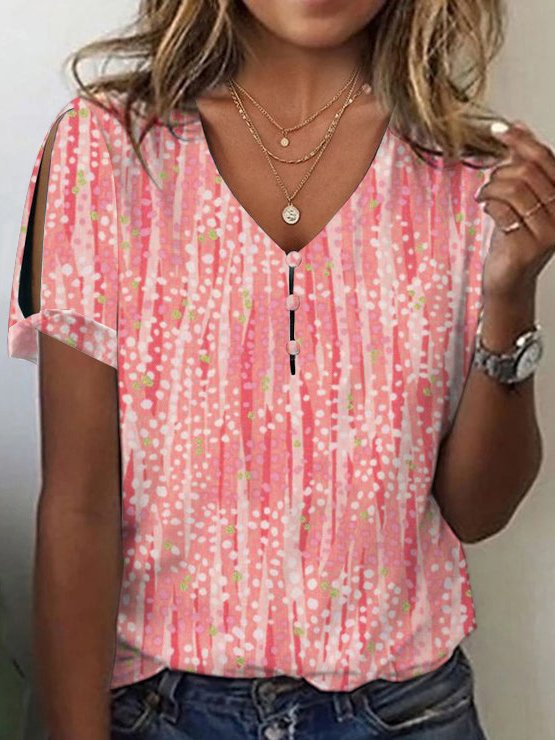 Women Casual Summer Abstract polka dots V neck Short Sleeve Cotton-Blend Regular H-Line Regular T-shirts-image-16214317
