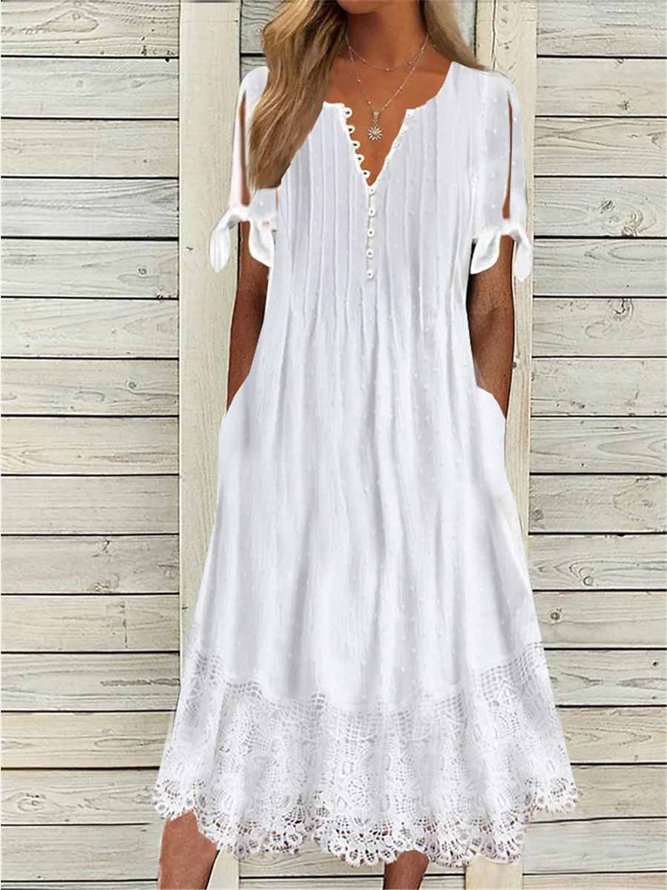 Women Plain Summer Elegant Lace Bow No Elasticity Loose Notched A-Line Dresses-image-16224566