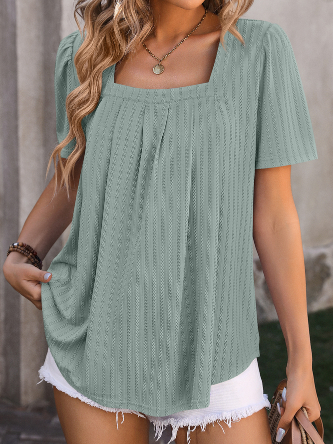 Women Casual Plain Summer Square neck Daily Standard Short Sleeve H-Line Regular Shirts-image-16228218
