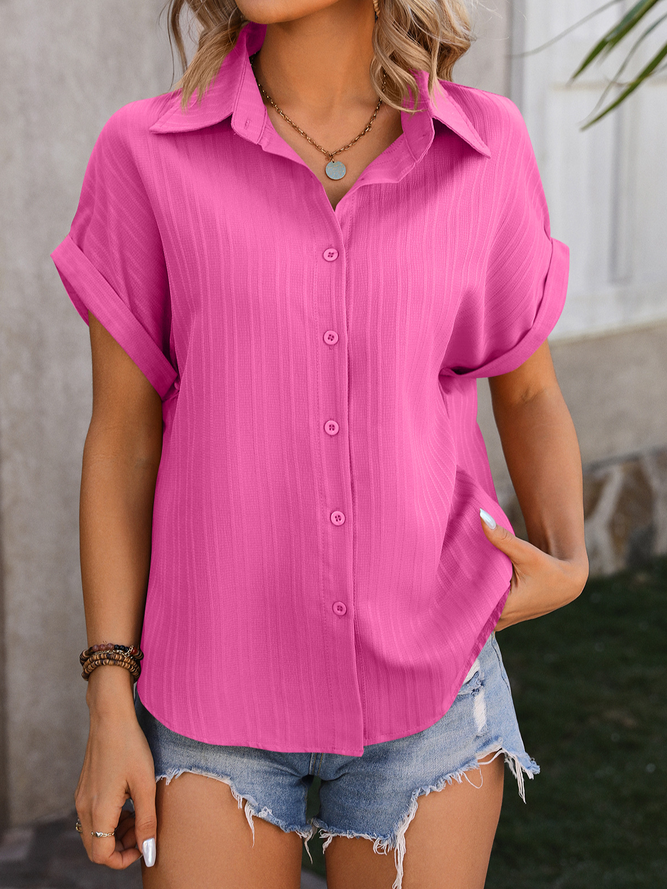 Women Casual Plain Summer Polyester No Elasticity Loose Regular Regular Shirt Collar Blouses-image-16228217