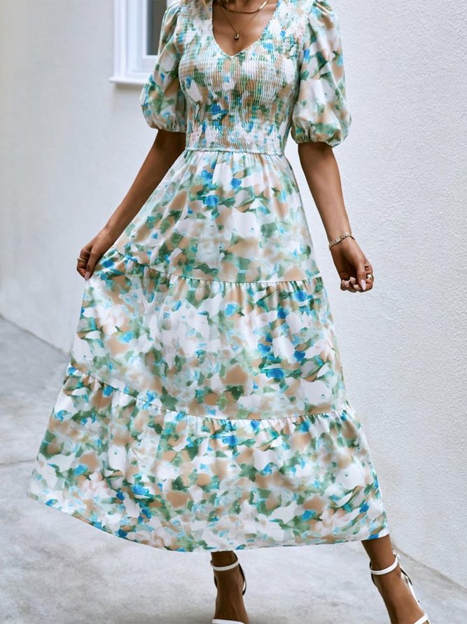 Women Floral Summer Vacation V neck No Elasticity Vacation Loose Midi No Dresses-image-16214320
