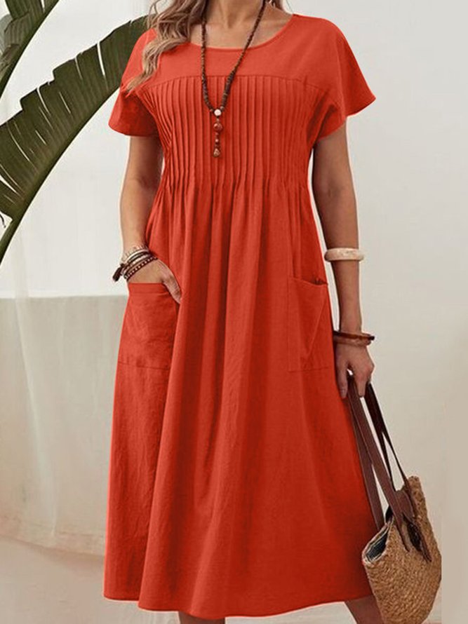 Women Plain Summer Linen Natural Short Sleeve Crew Neck H-Line Regular No Dresses-image-16214324