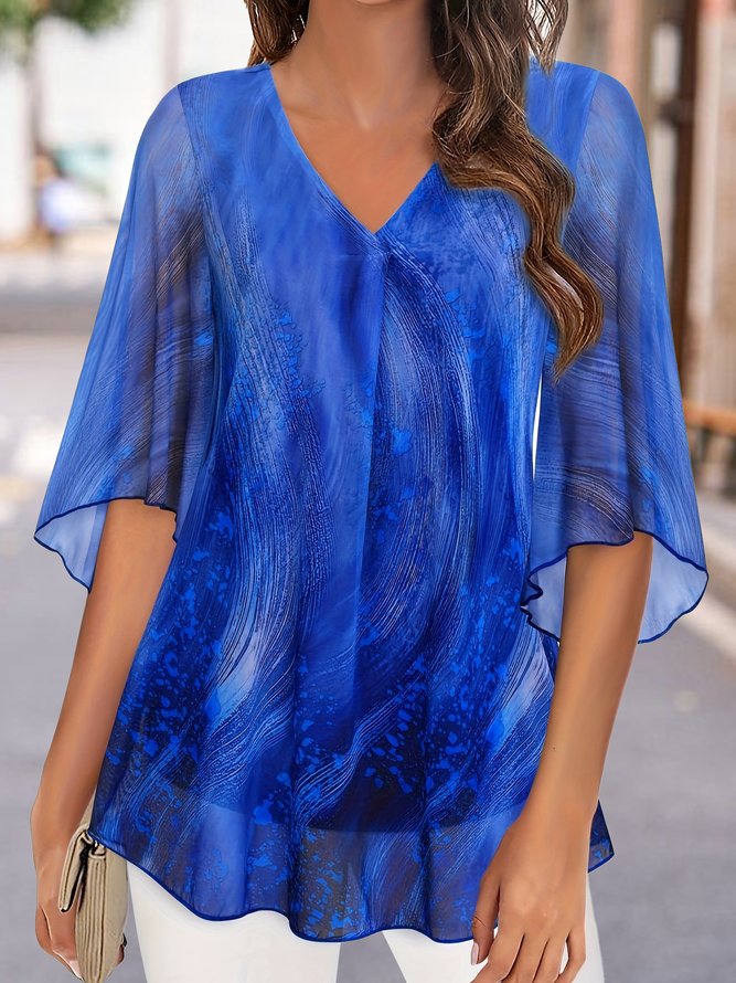 Women Summer Gradient Pattern Simple V neck No Elasticity Loose Half Sleeve H-Line Regular Shirts-image-16214314