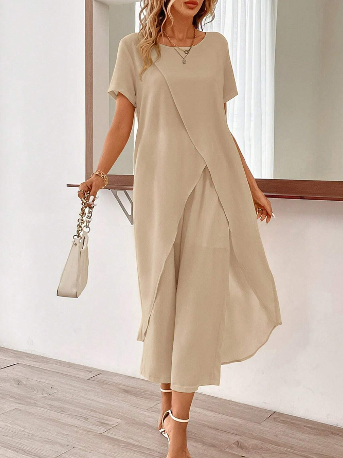 Women Casual Plain Summer Natural Daily Loose Crew Neck Top With Pants H-Line Two-Piece Sets-image-16214307