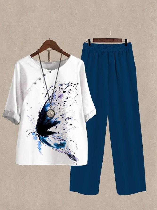 Women Casual Summer Butterfly No Elasticity Daily Loose Cotton And Linen Crew Neck Regular Two-Piece Sets-image-16214306