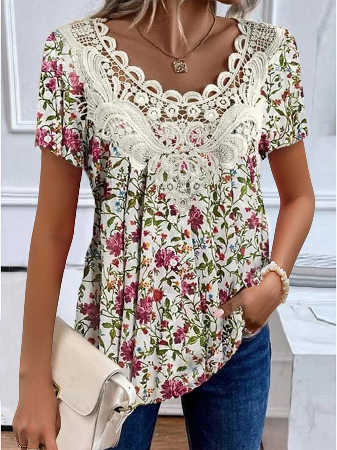 Casual Floral Summer Loose Jersey Short Sleeve Crew Neck X-Line Medium Elasticity Shirts for Women-image-16214312