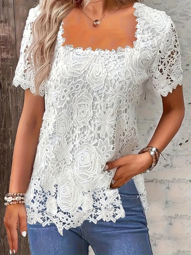 Women Plain Summer Elegant Square neck Loose Short Sleeve Regular Regular Medium Elasticity Shirts-image-16214311