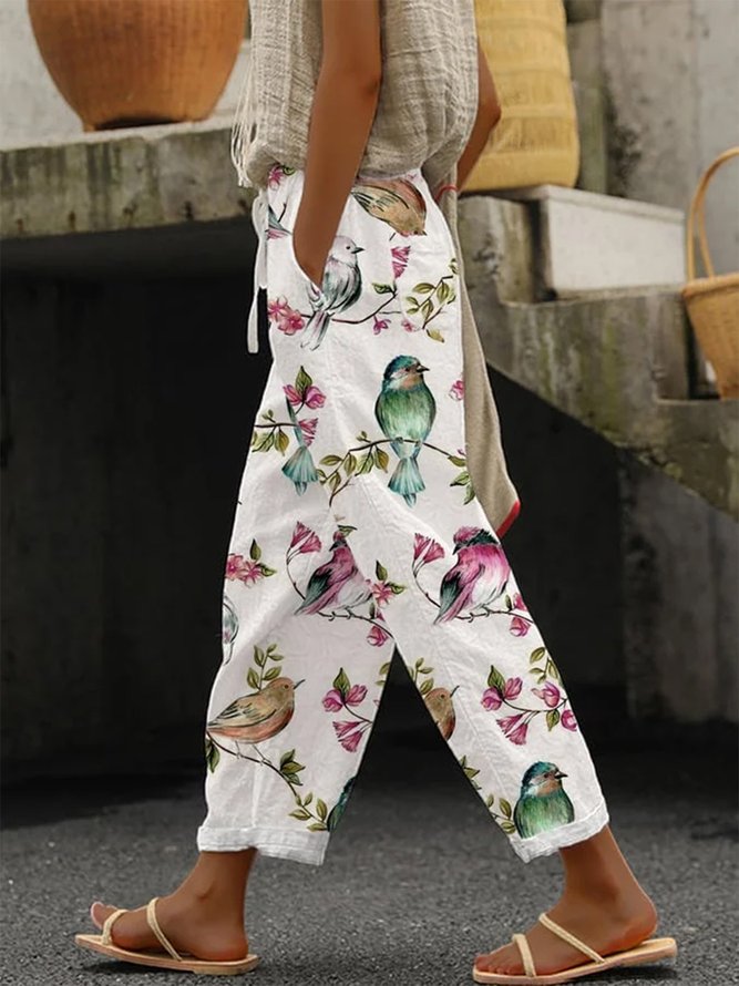 Women Casual Spring/Fall Bird Natural No Elasticity Loose Drawstring Long Regular Pants-image-16224542