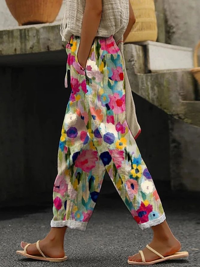 Women Casual Floral Spring/Fall Polyester Natural No Elasticity Daily Loose Regular Pants-image-16224541