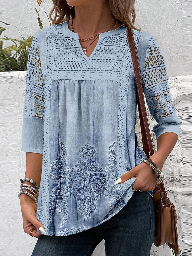 Women Casual Plain Spring/Fall Lace V neck Loose Three Quarter Sleeve H-Line Regular Shirts-image-16214309