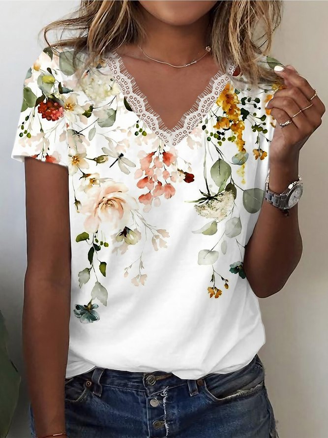 Women Casual Floral Summer Daily Loose Lace Regular H-Line Regular T-shirts-image-16224559