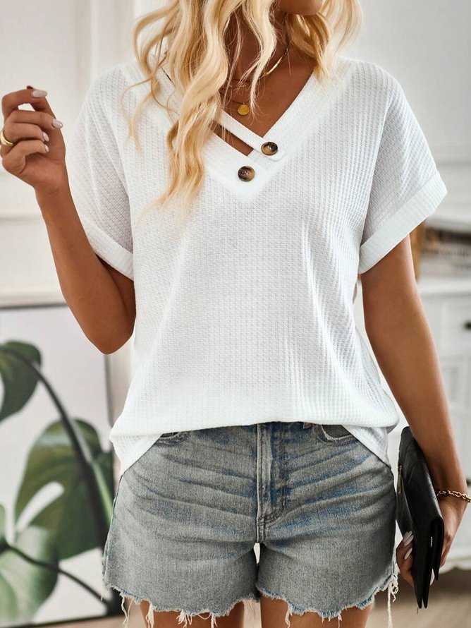 Women Casual Plain Summer Polyester V neck Daily Loose Short Sleeve H-Line T-shirts-image-16224558