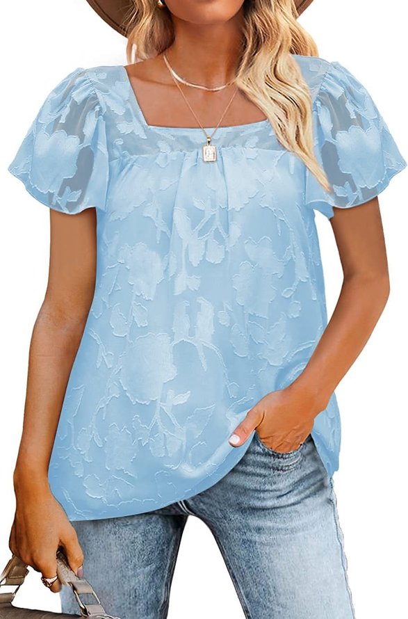 Women Casual Plain Summer Chiffon Square neck Loose Short Sleeve H-Line Regular Shirts-image-16228215