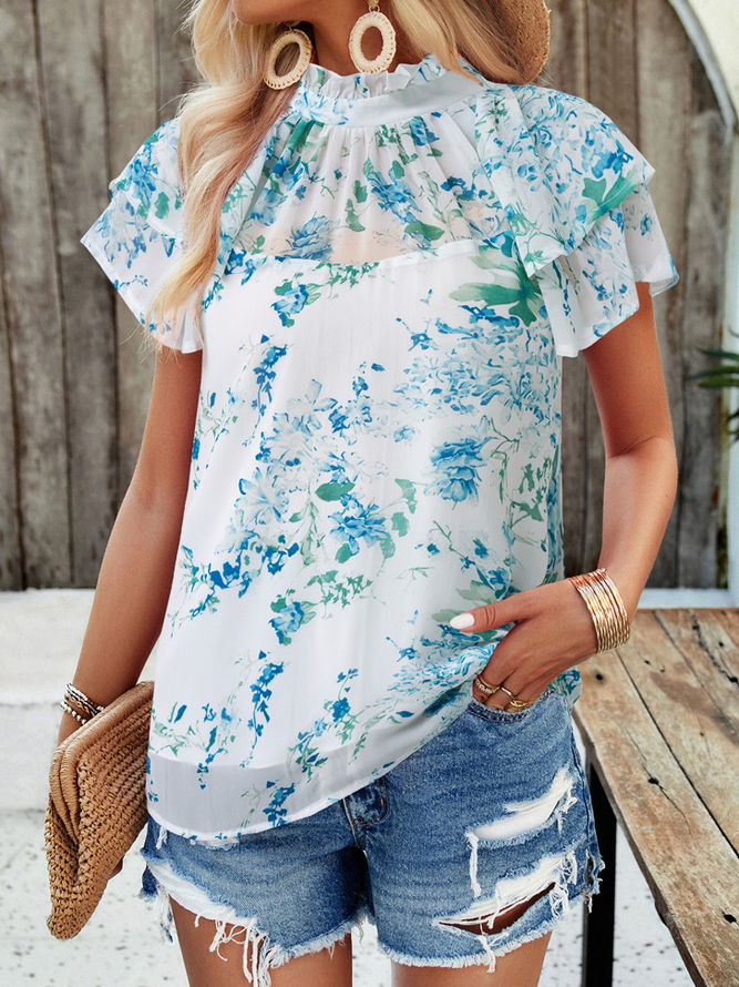Women Casual Floral Summer Chiffon Loose Cap Sleeve Crew Neck H-Line Regular Shirts-image-16228216
