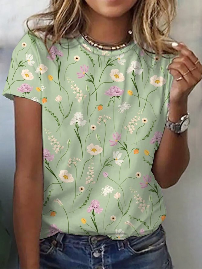 Women Casual Floral Summer Daily Jersey Short Sleeve Crew Neck Regular Regular T-shirts-image-16224557