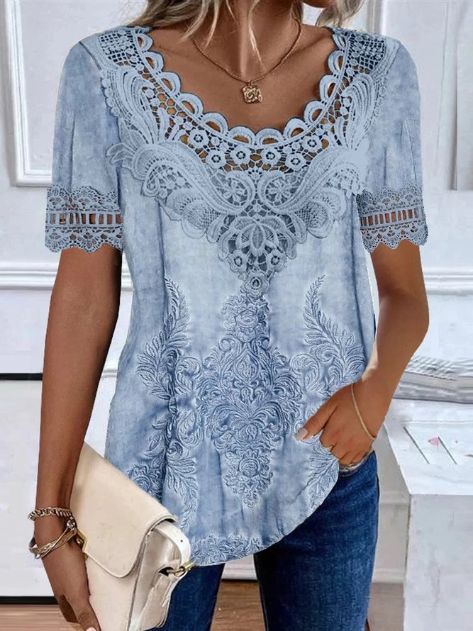 Women Casual Ethnic Summer Polyester Micro-Elasticity Daily Crew Neck Regular H-Line Shirts-image-16224550