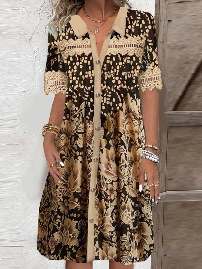 Women Floral Summer Elegant Natural No Elasticity Short Sleeve A-Line Shirt Dress Shirt Collar Dresses-image-16224562