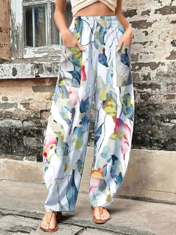 Women Casual Floral Spring/Fall Polyester Natural Lightweight No Elasticity Loose Wide leg pants Pants-image-16224540