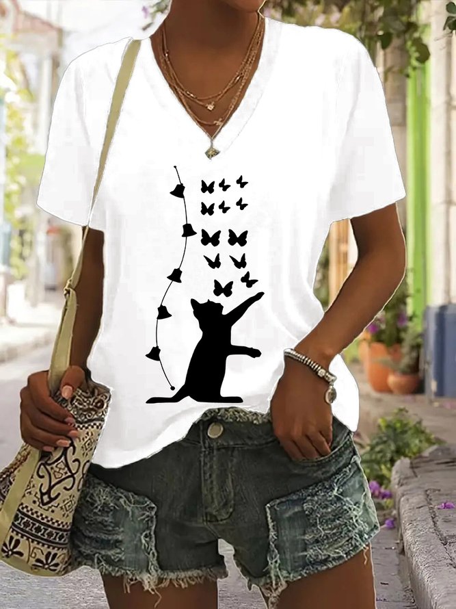 Women Casual Summer Butterfly Cotton V neck Daily Loose Short Sleeve Regular T-shirts-image-16234090