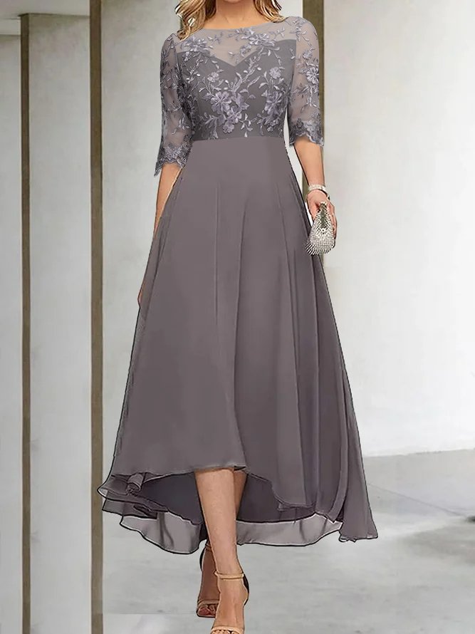 Women Plain Summer Elegant Chiffon Natural Lace Half Sleeve X-Line Regular Dresses-image-16214319