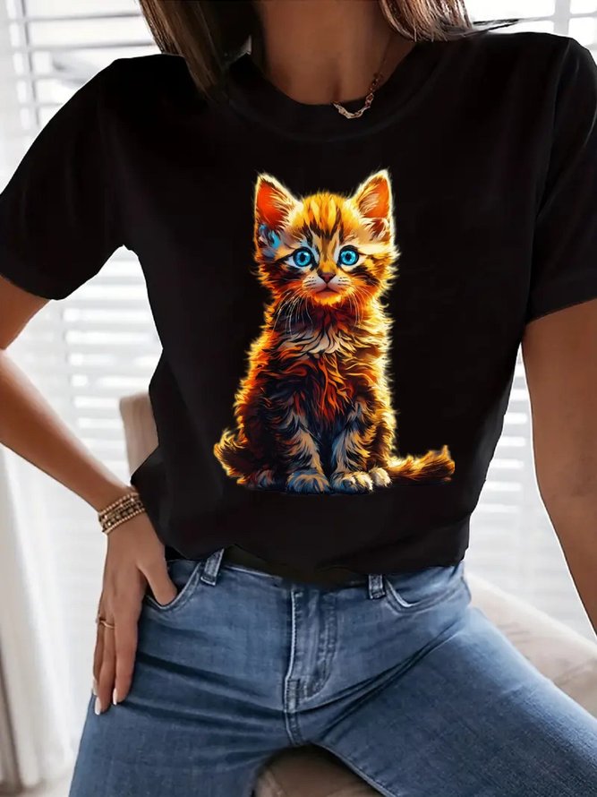 Women Casual Summer Cat Cotton Loose Crew Neck H-Line Regular Medium Elasticity T-shirts-image-16234086
