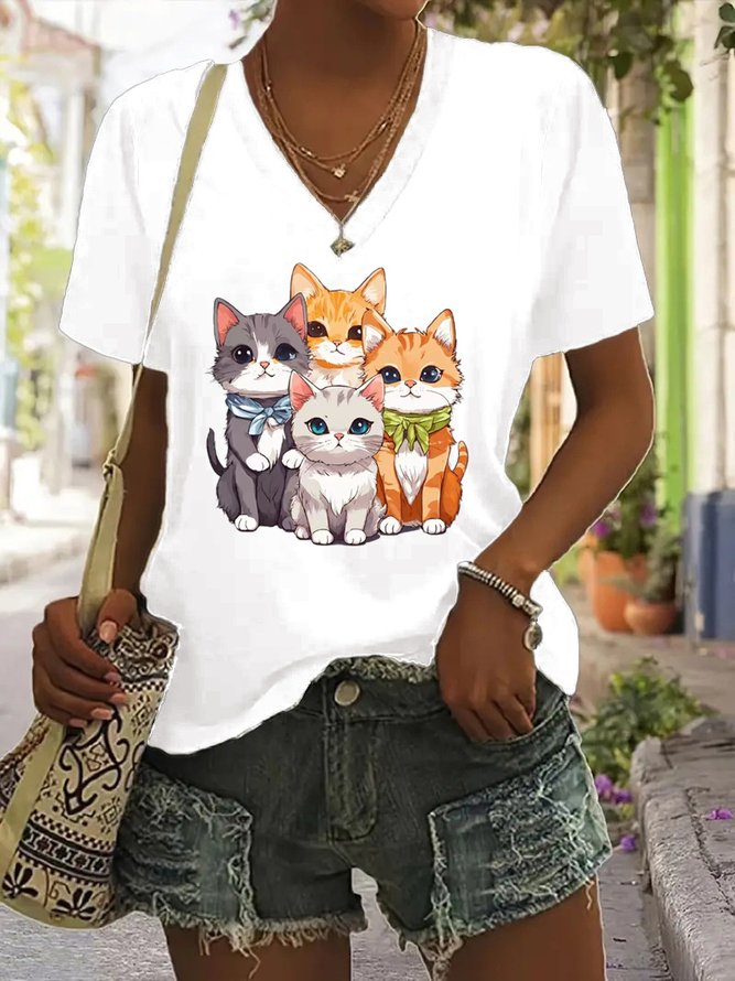 Women Casual Summer Cat V neck Daily Regular H-Line Regular Medium Elasticity T-shirts-image-16234087