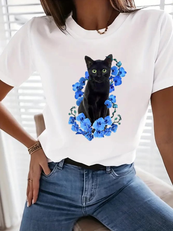 Casual Summer Cat Cotton Daily Short Sleeve Crew Neck Regular Medium Elasticity T-shirts for Women-image-16234088