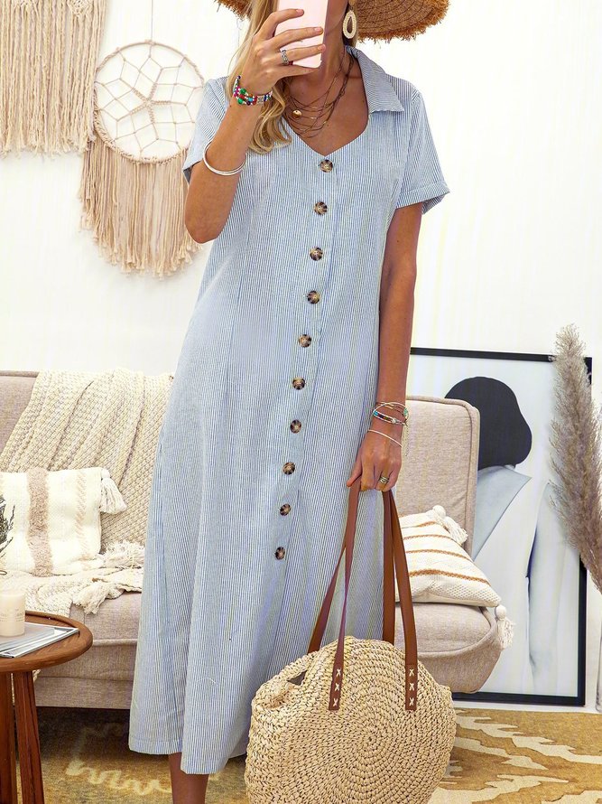 Women Summer Stripes Midi Shirt Dresses Shirt Collar Cotton Dresses