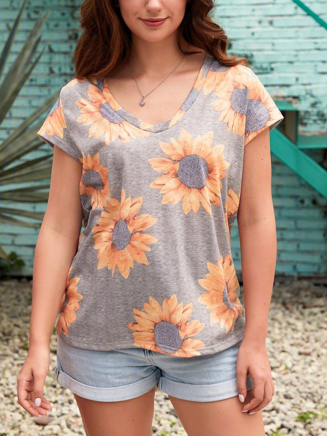 Gray Abstract Casual Cotton-Blend Tops