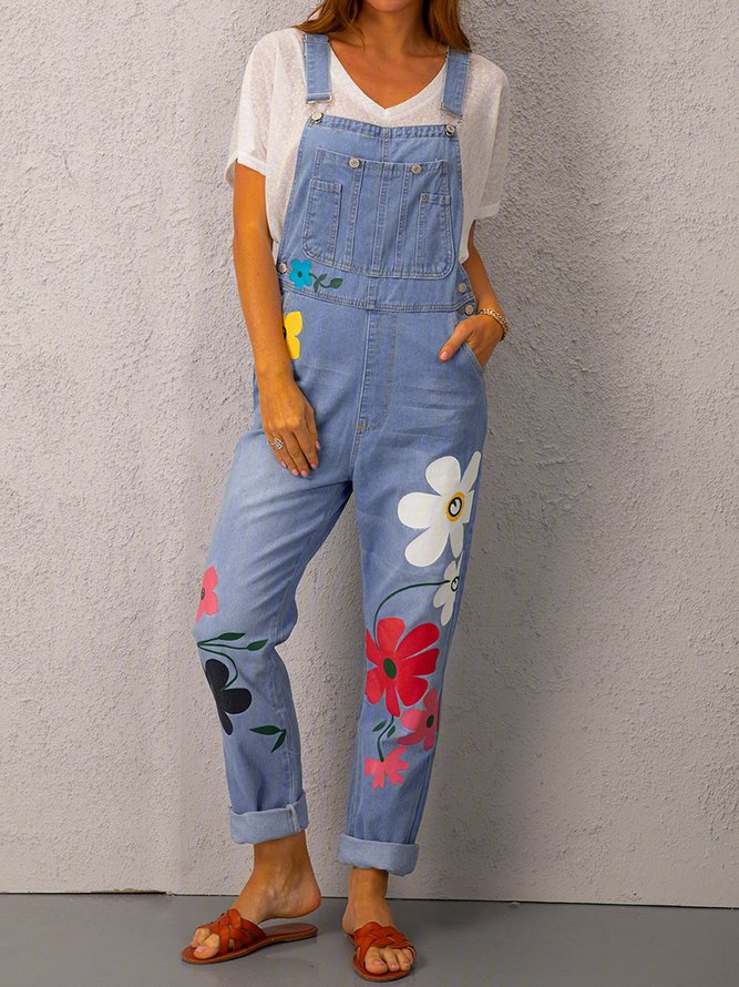 Sleeveless Denim Floral Floral-Print One-Pieces