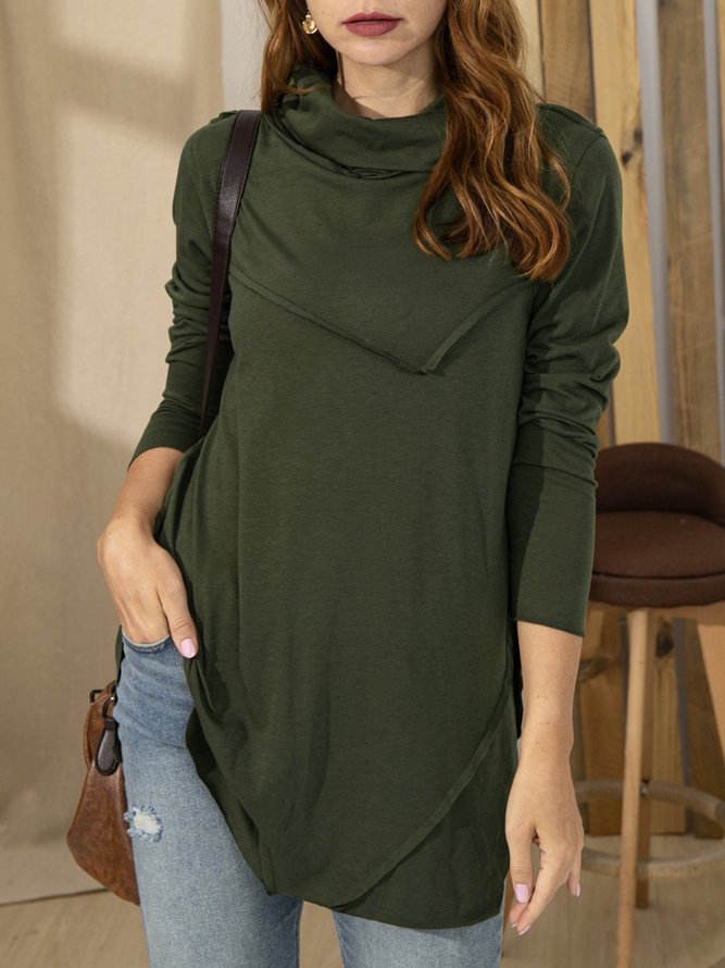 Solid Turtleneck Cotton-Blend Casual Top