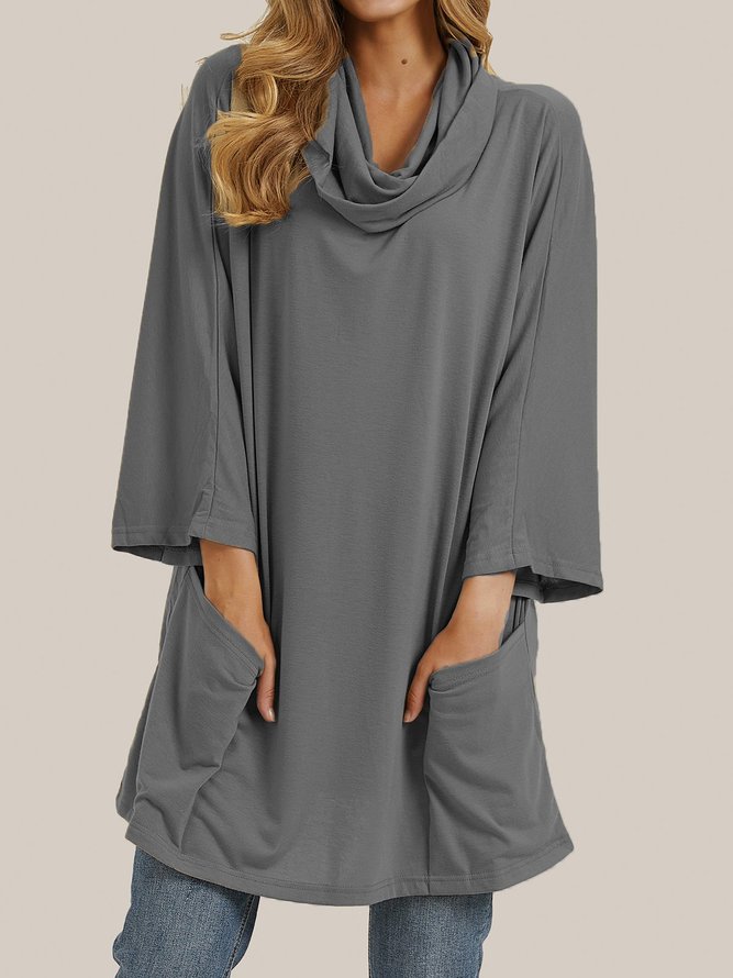 Casual Solid Cowl Neck Cotton-Blend Top