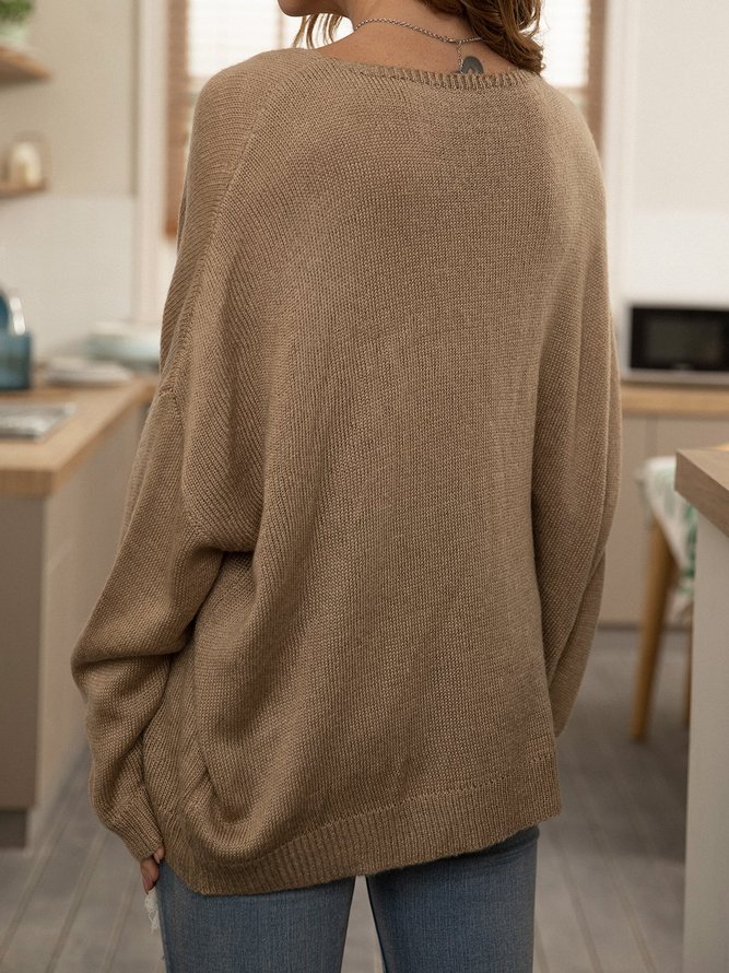 Khaki V Neck Shift Casual Plain Sweater