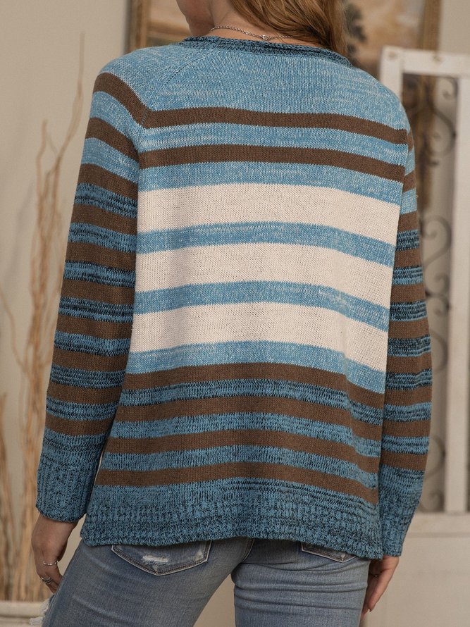 Long Sleeve Knitted Color-Block Stripes Sweater