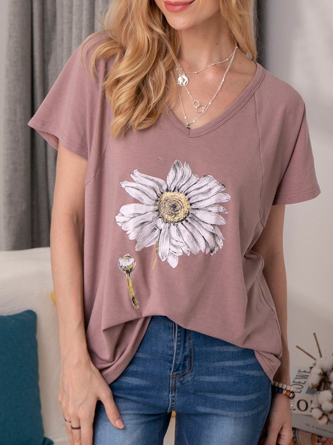 Casual Cotton-Blend Floral Tops