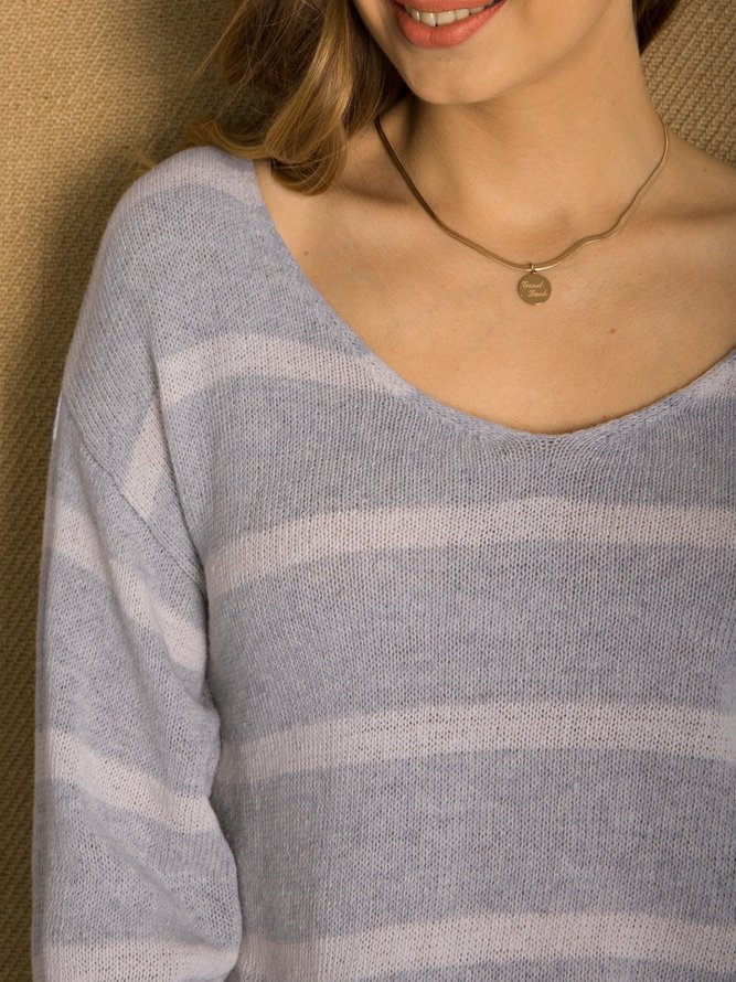 Light Grey V Neck Long Sleeve Stripes Sweaters