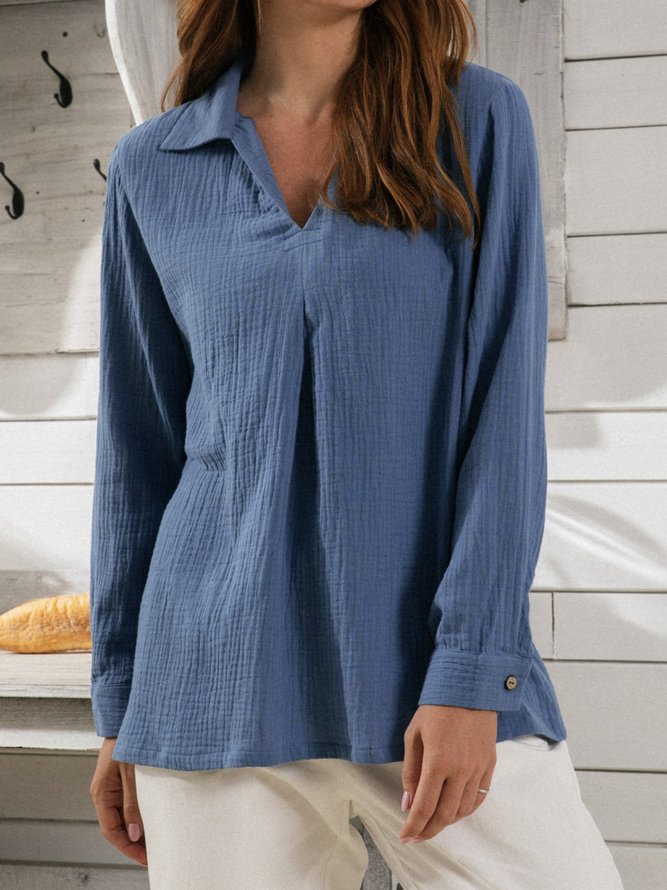Plain Gathered Linen Casual Shirts & Tops