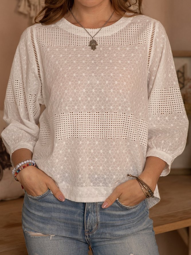 White Casual Floral Cotton Cutout Tops