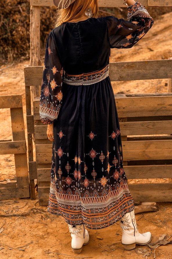 Black Chiffon Long Sleeve Tribal V Neck Weaving Dress