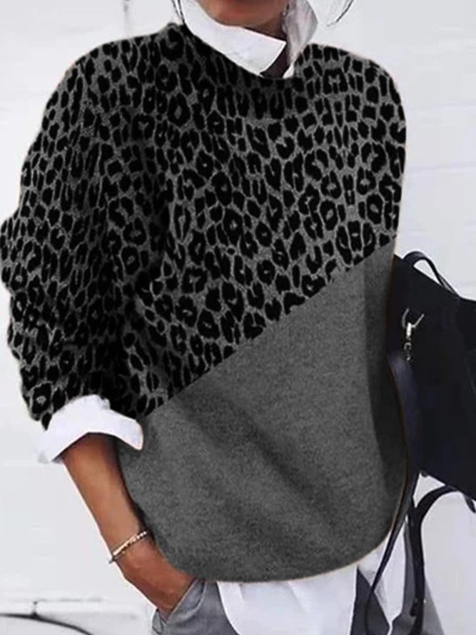 Khaki Leopard Print Color-Block Long Sleeve Sweater