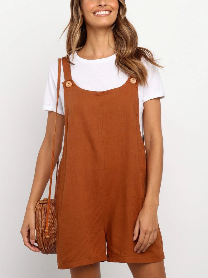 Pockets Solid Cotton-Blend Casual One-Pieces