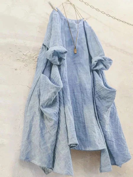 Vintage Plain Plus Size Long Sleeve Casual Weaving Dress