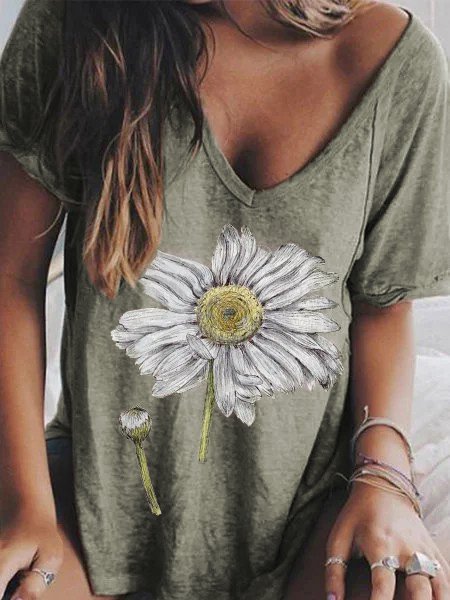Casual Cotton-Blend Floral Tops
