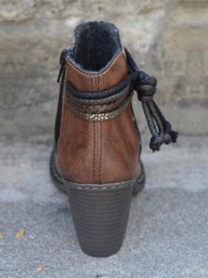 Brown Pu Block Heel Boots