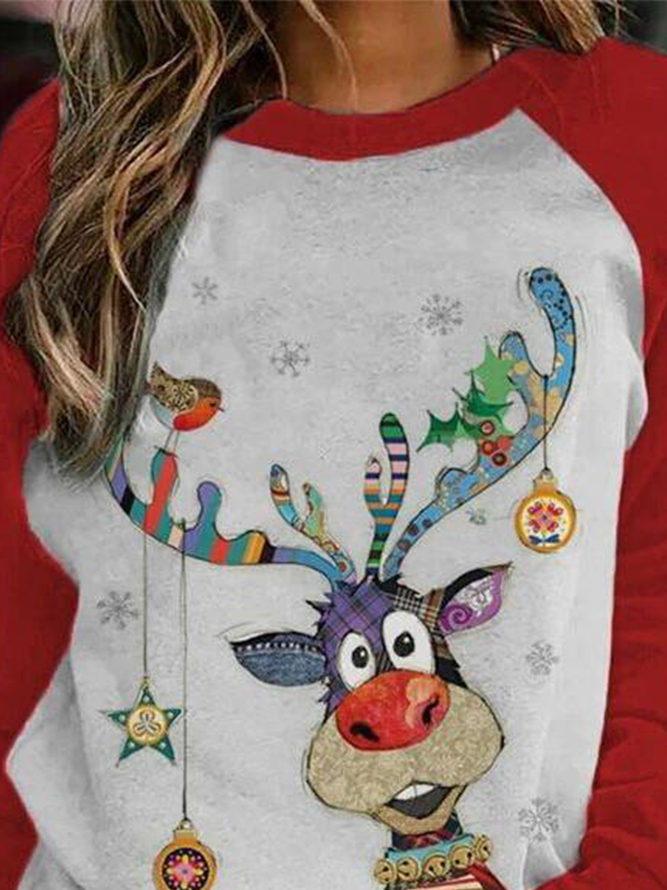Casual Cotton-Blend Christmas Animal Print Long Sleeve Sweatshirt