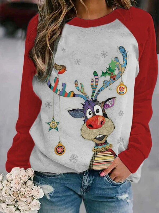 Casual Cotton-Blend Christmas Animal Print Long Sleeve Sweatshirt