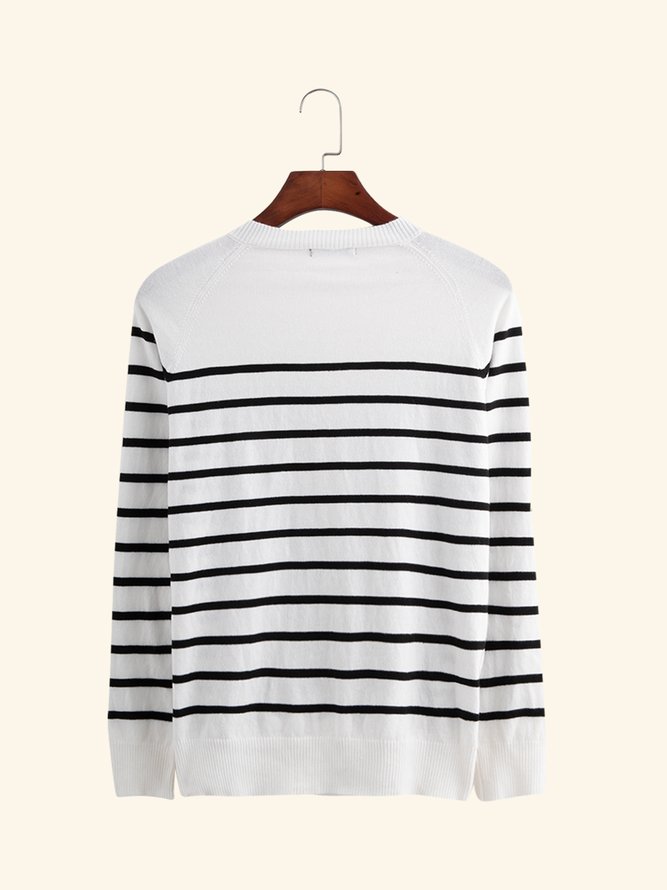 Casual Button Up Round Neck Long Sleeve Striped Sweater