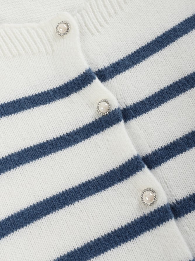 Front Button Placket Square Neck Long Sleeve Striped Sweater